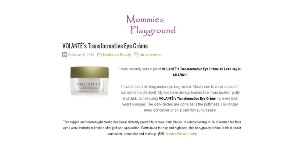 Mommie's Playground Blog Raves about the VOLANTÉ Transformative Eye Crème